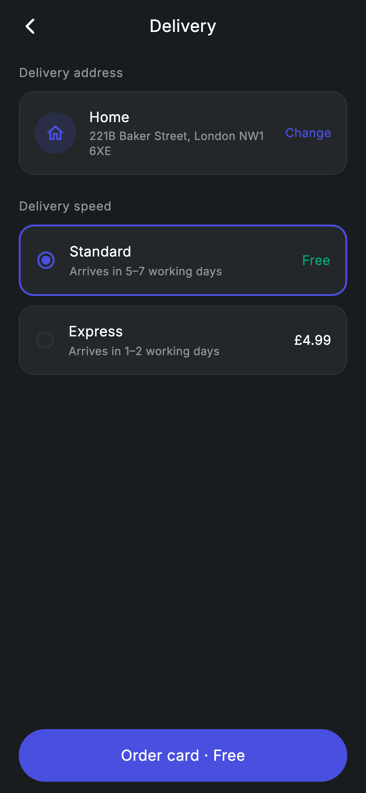 Fintech · Card Delivery — Fintech Flutter screen