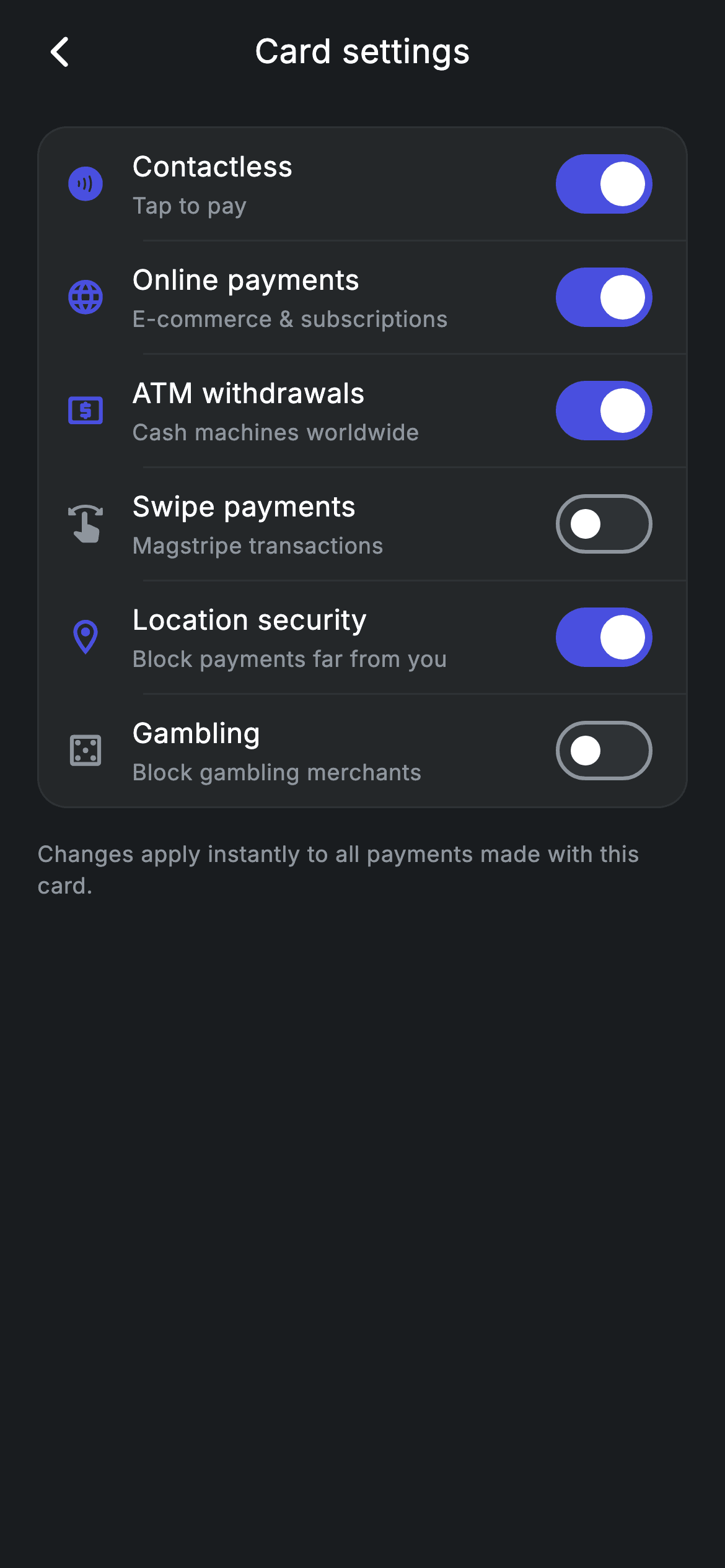 Fintech · Card Settings — Fintech Flutter screen