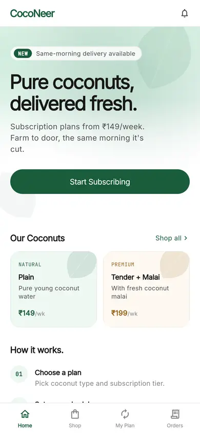 CocoNeer · Home — Subscription Flutter screen
