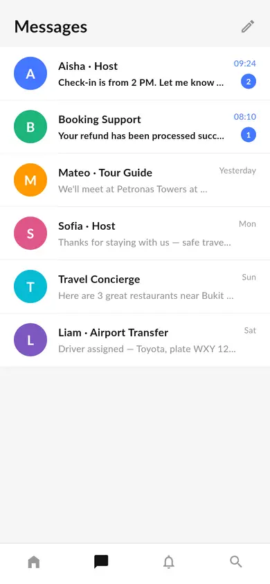 Travel · Messages — Travel Flutter screen