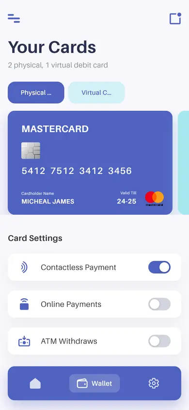 Wallet · Your Cards — Finance Flutter screen