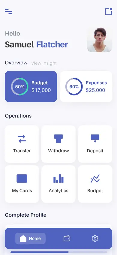 Wallet · Home — Finance Flutter screen