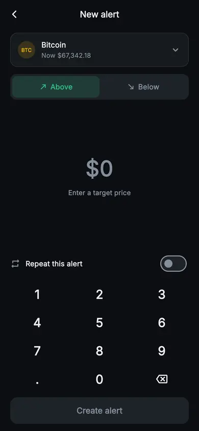 Aurum · Create Alert — Web3 Flutter screen