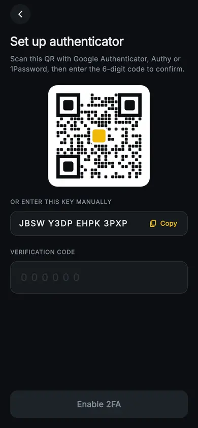 Aurum · Set Up 2FA — Web3 Flutter screen