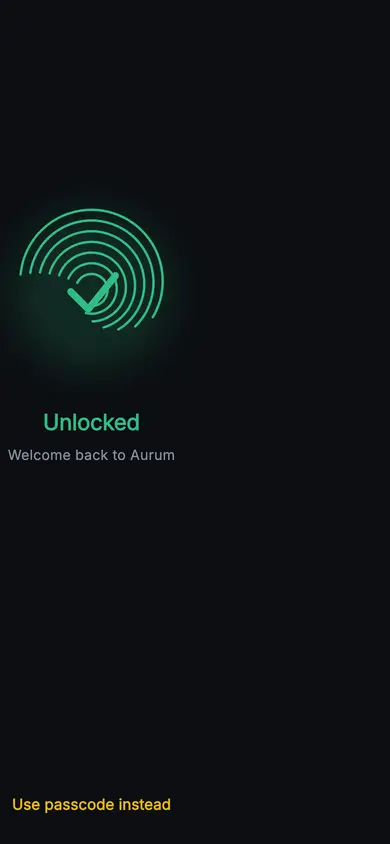 Aurum · Biometric Unlock — Web3 Flutter screen