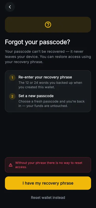 Aurum · Forgot Passcode — Web3 Flutter screen