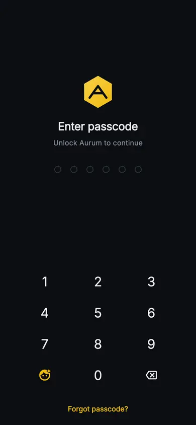 Aurum · Lock Screen — Web3 Flutter screen
