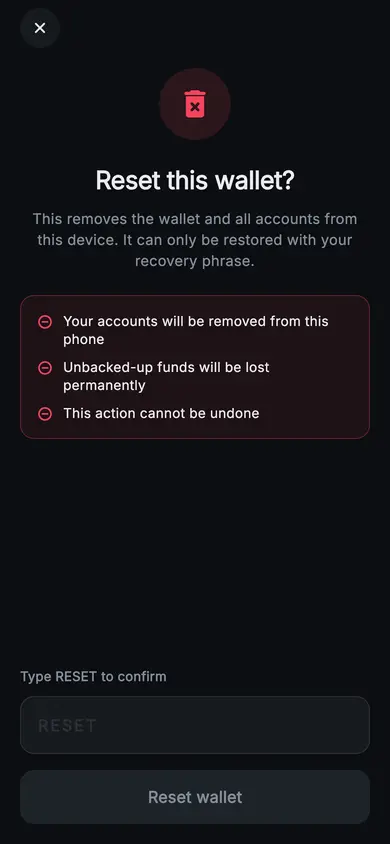 Aurum · Reset Wallet — Web3 Flutter screen