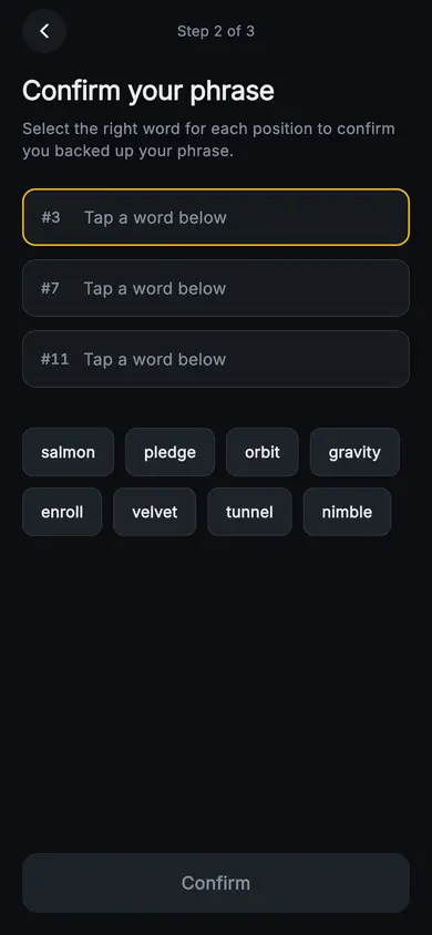 Aurum · Confirm Phrase — Web3 Flutter screen