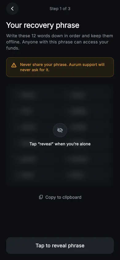 Aurum · Recovery Phrase — Web3 Flutter screen