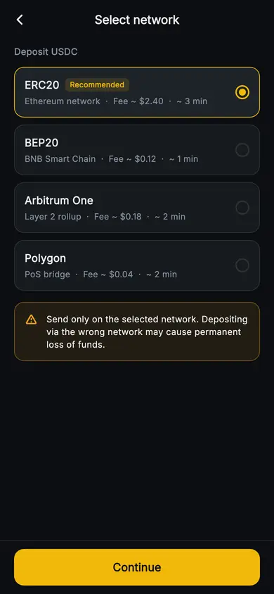 Aurum · Deposit Network — Web3 Flutter screen