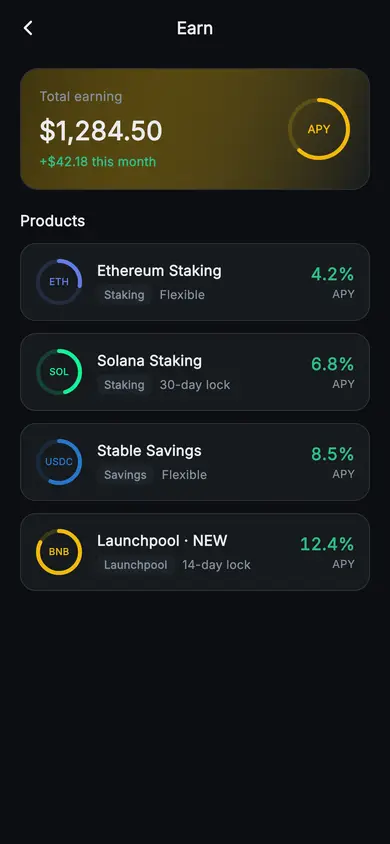 Aurum · Earn — Web3 Flutter screen
