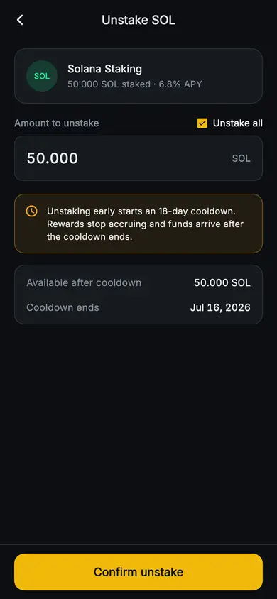 Aurum · Unstake — Web3 Flutter screen