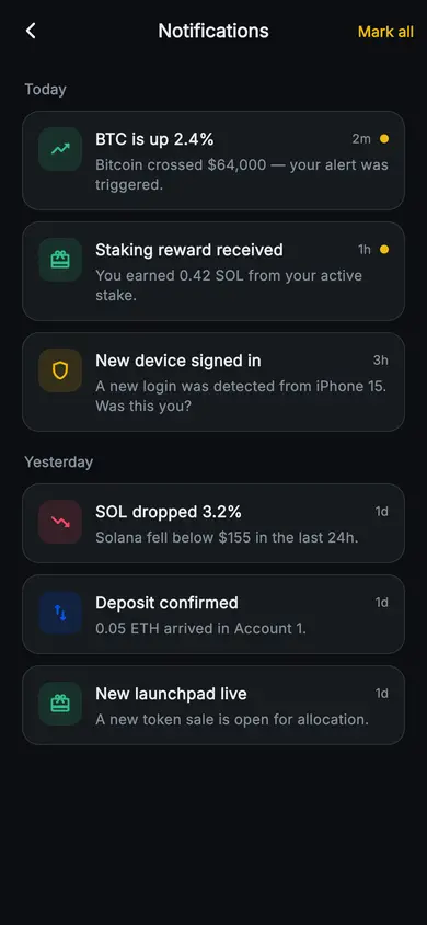 Aurum · Notifications — Web3 Flutter screen