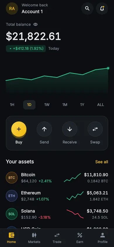 Aurum · Portfolio Home — Web3 Flutter screen