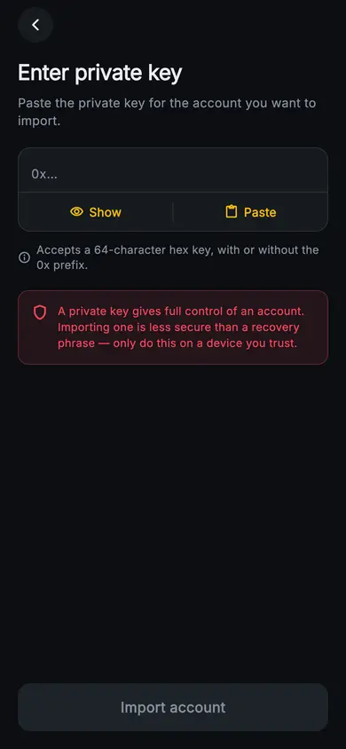 Aurum · Enter Private Key — Web3 Flutter screen