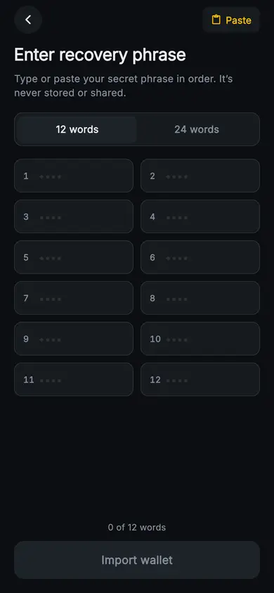 Aurum · Enter Recovery Phrase — Web3 Flutter screen