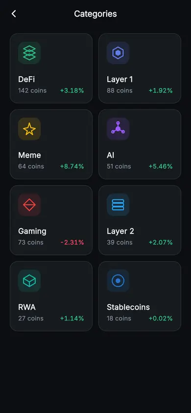 Aurum · Categories — Web3 Flutter screen