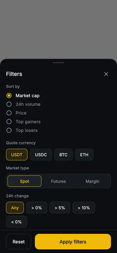 Aurum · Market Filters — Web3 Flutter screen