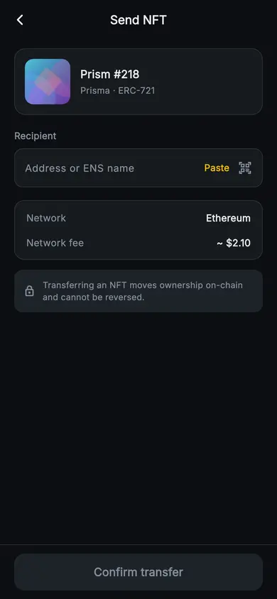 Aurum · Send NFT — Web3 Flutter screen