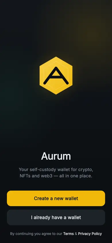Aurum · Welcome — Web3 Flutter screen