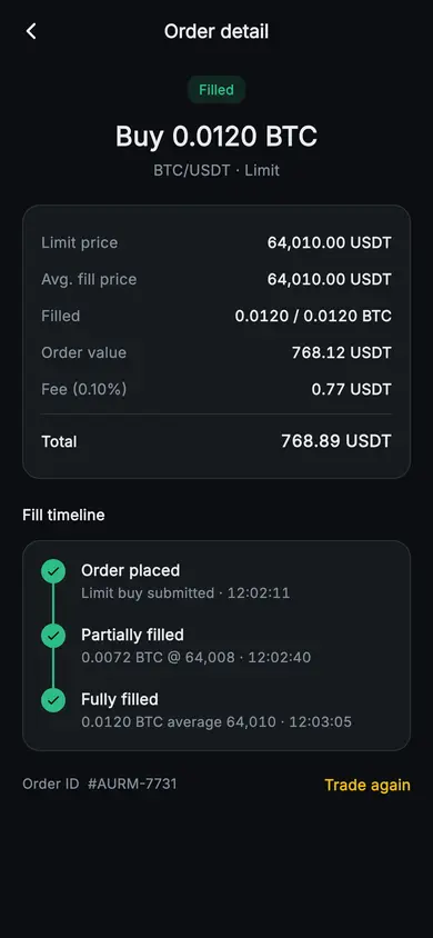 Aurum · Order Detail — Web3 Flutter screen