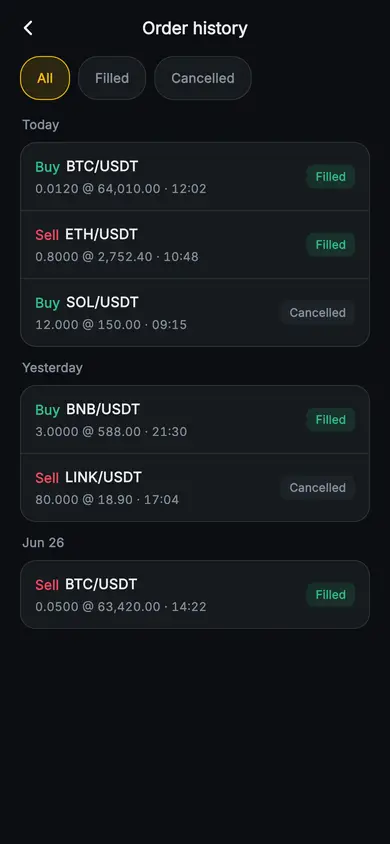 Aurum · Order History — Web3 Flutter screen