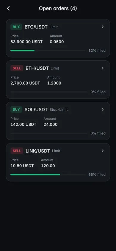 Aurum · Open Orders — Web3 Flutter screen