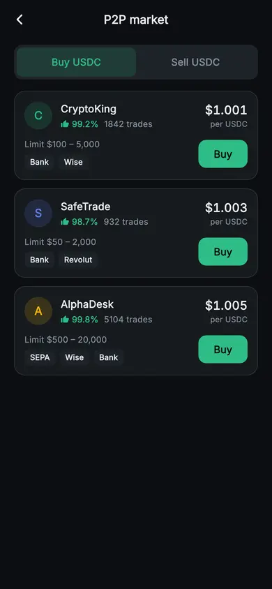 Aurum · P2P Market — Web3 Flutter screen