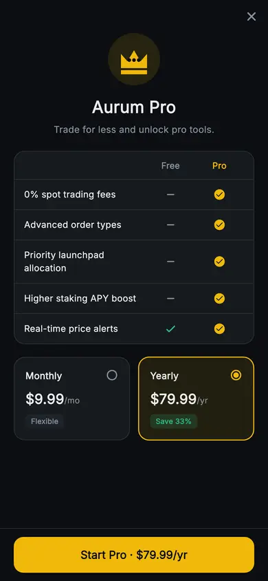 Aurum · Pro Upgrade — Web3 Flutter screen
