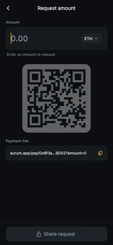 Aurum · Request Amount — Web3 Flutter screen
