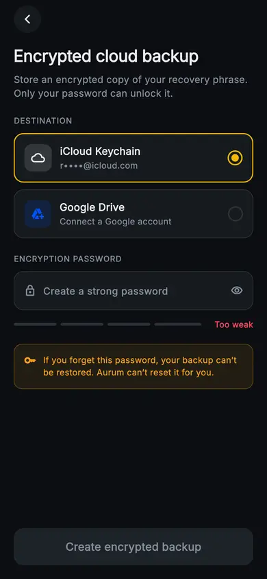 Aurum · Cloud Backup — Web3 Flutter screen