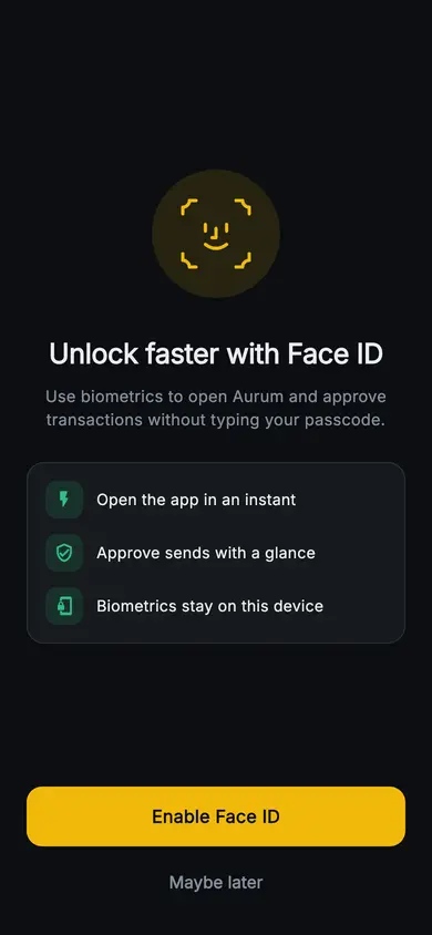Aurum · Enable Biometrics — Web3 Flutter screen