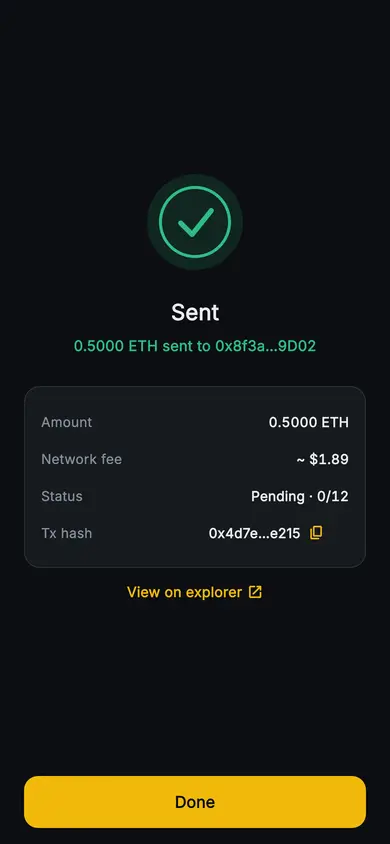 Aurum · Sent — Web3 Flutter screen