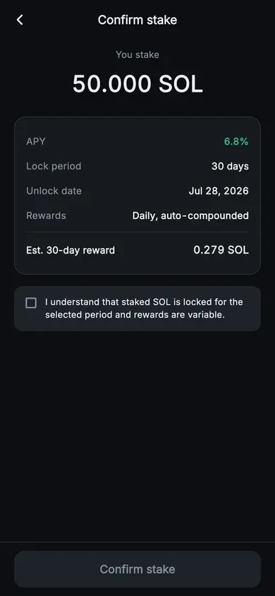 Aurum · Confirm Stake — Web3 Flutter screen