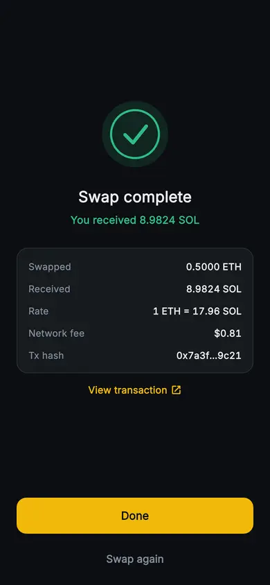 Aurum · Swap Complete — Web3 Flutter screen