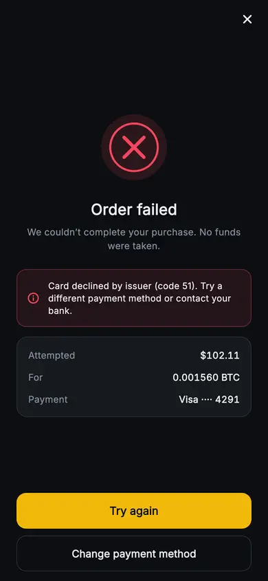 Aurum · Order Failed — Web3 Flutter screen