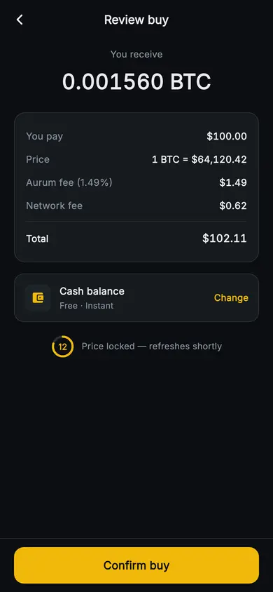 Aurum · Review Order — Web3 Flutter screen
