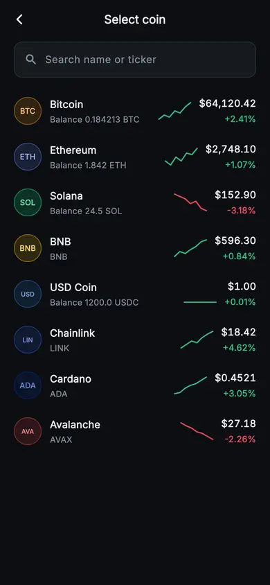 Aurum · Select Coin — Web3 Flutter screen
