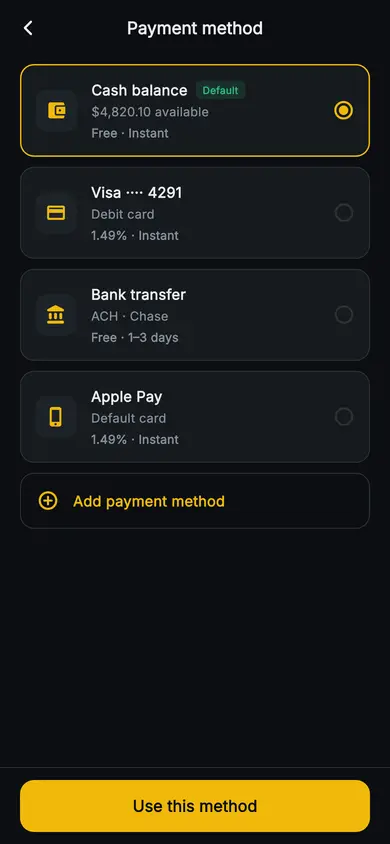 Aurum · Payment Method — Web3 Flutter screen