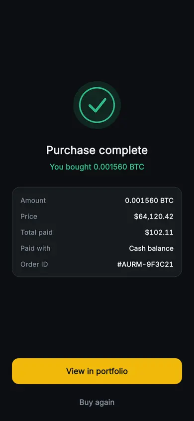 Aurum · Purchase Complete — Web3 Flutter screen