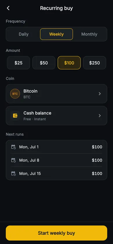 Aurum · Recurring Buy — Web3 Flutter screen