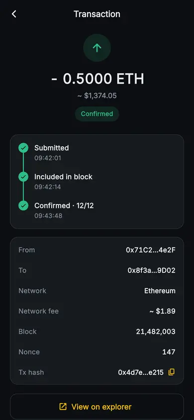 Aurum · Transaction Detail — Web3 Flutter screen