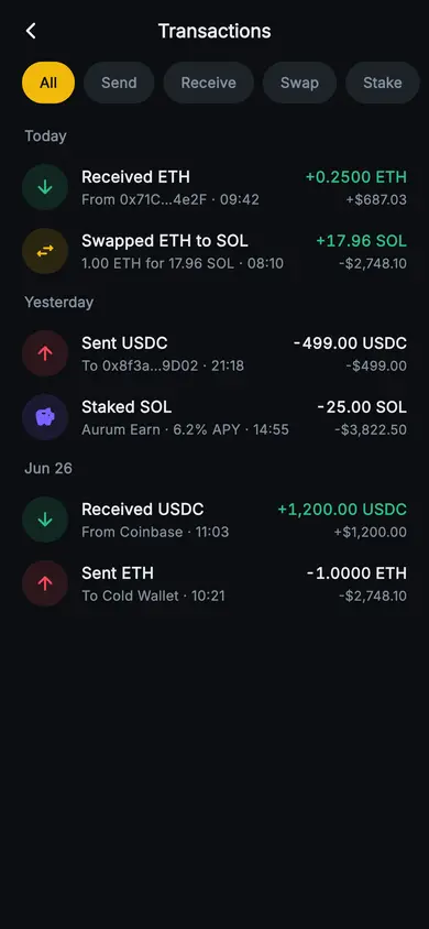 Aurum · Transactions — Web3 Flutter screen