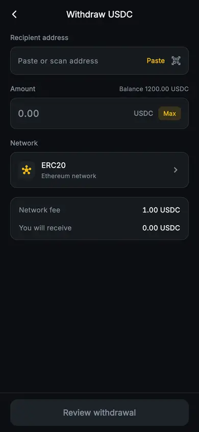 Aurum · Withdraw — Web3 Flutter screen