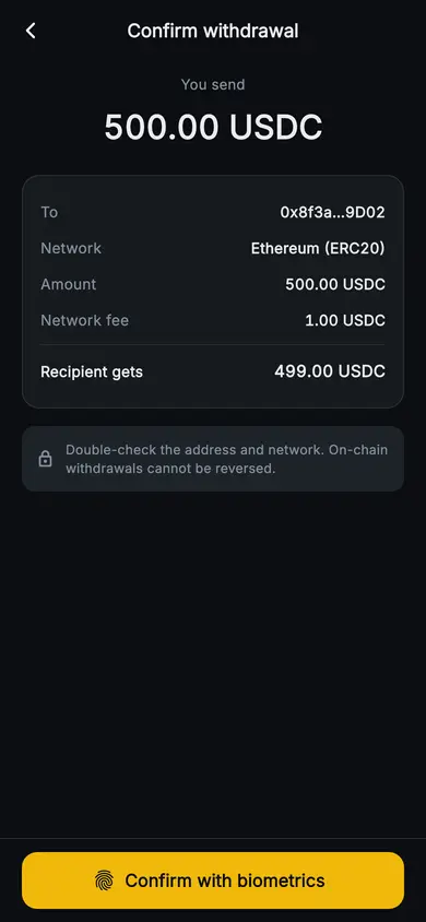 Aurum · Confirm Withdraw — Web3 Flutter screen