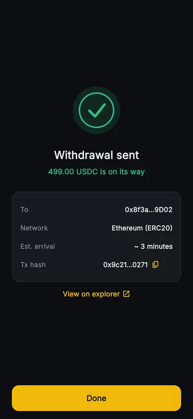 Aurum · Withdrawal Sent — Web3 Flutter screen