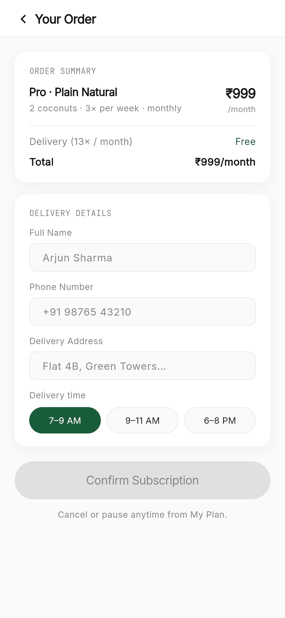 CocoNeer · Cart — Subscription Flutter UI screen