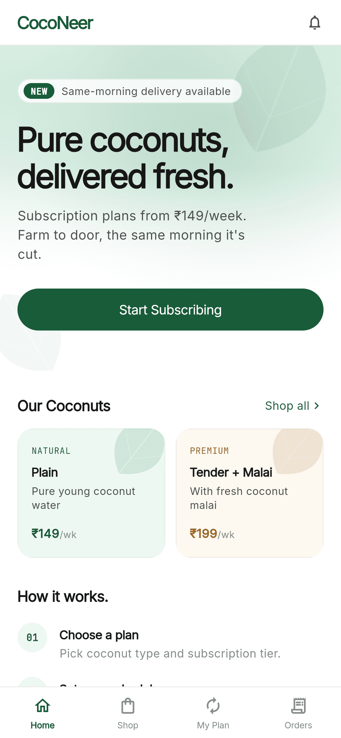 CocoNeer · Home — Subscription Flutter UI screen