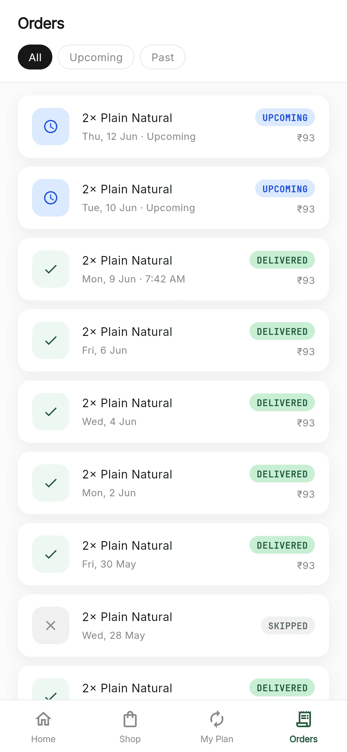CocoNeer · Orders — Subscription Flutter UI screen
